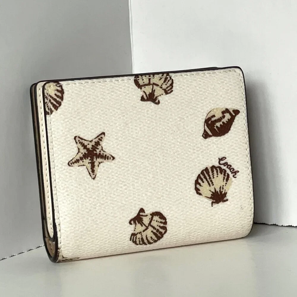 Coach Shell Print Snap ID Wallet White Brown Small Billfold - Picture 5 of 8